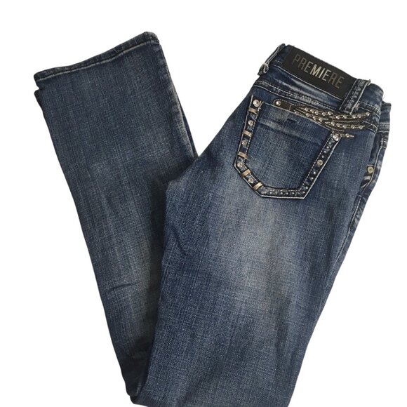 PREMIERE by rue21 Jeans Womens 3/4R Blue Slim Boot Stretch Embellished Pockets - Picture 2 of 15